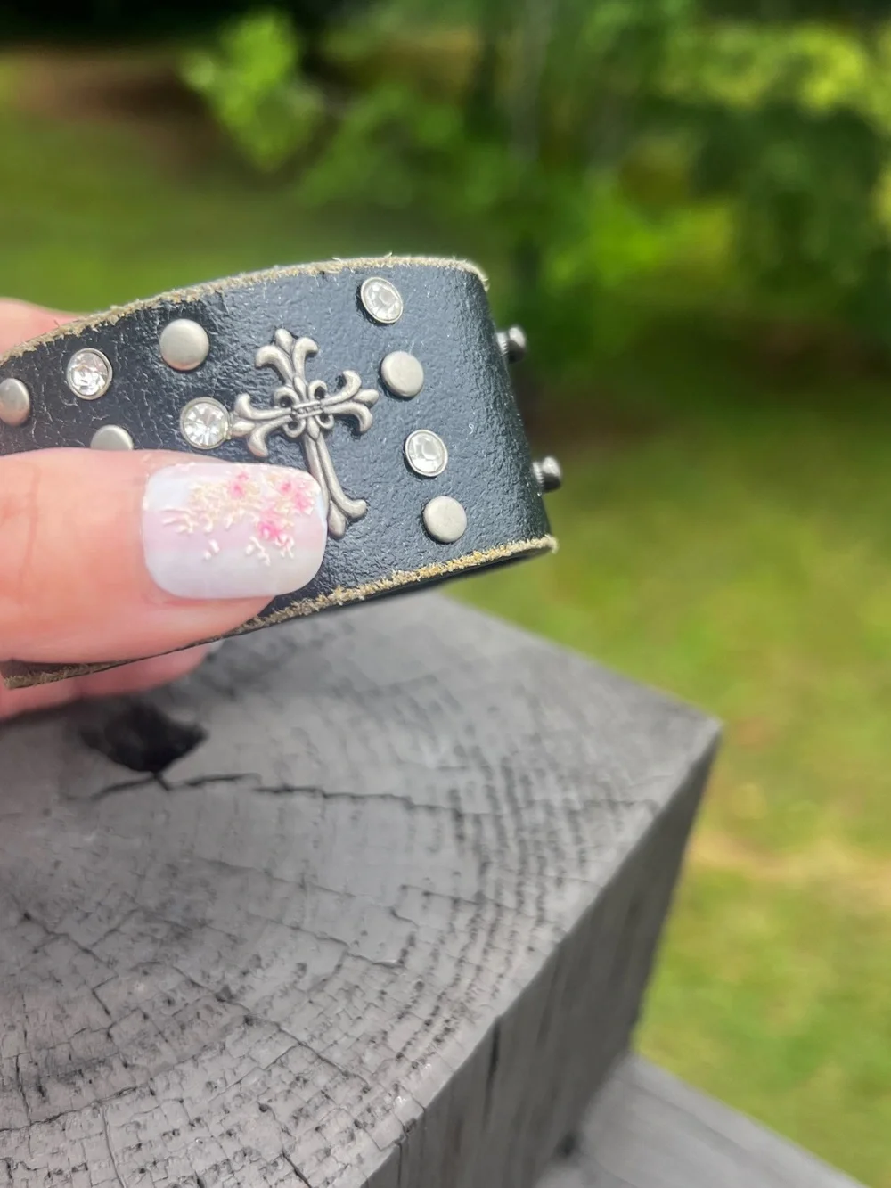 Distressed Genuine Leather Cross Studded Cuff Bracelet